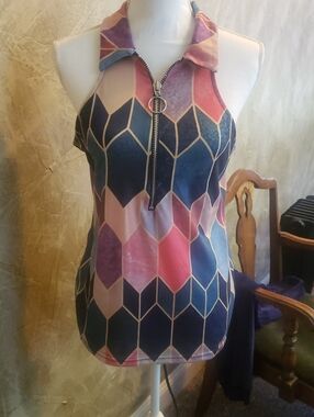 Geometric Zip-Front Halter Tank Top in Navy, Pink & Cream